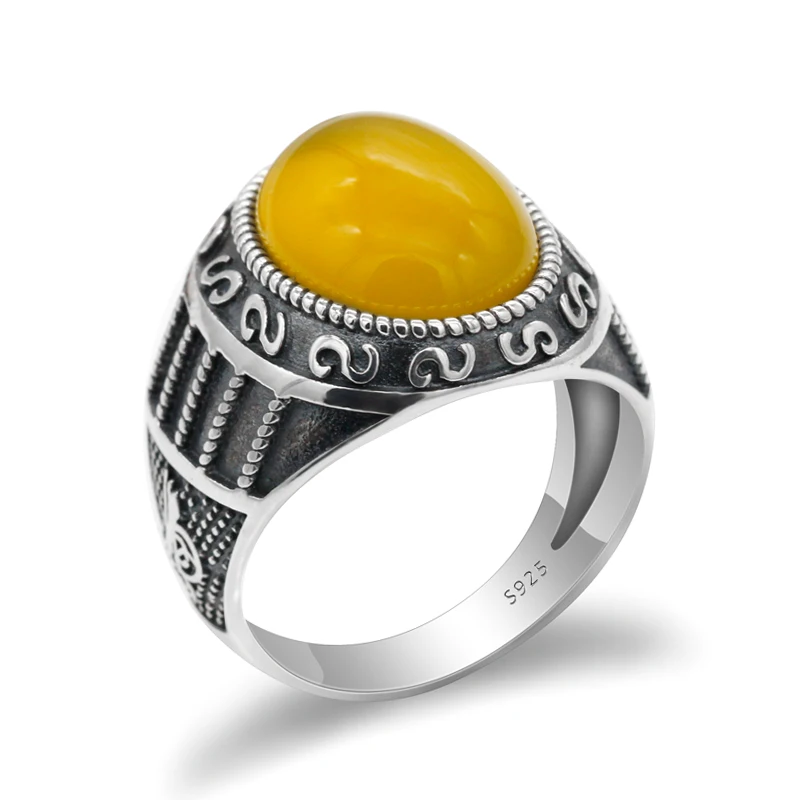 Yellow Stone 925 пробы Серебряное мужское кольцо с натуральным камнем, большое кольцо с красным ониксом, винтажный резной дизайн для мужчин и женщин, турецкое ювелирное изделие ручной работы - Цвет основного камня: Yellow Stone
