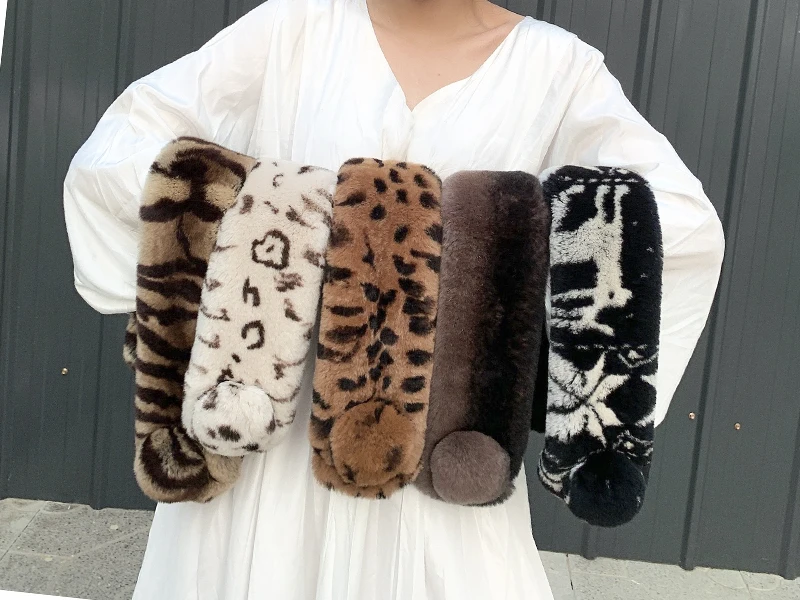 Both side fur leopard printed rabbit fur collar for overcoat, cute little hairy scarf in genuine rabbit fur 60*10cm SS