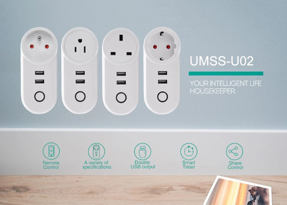 Умная Wi-Fi, вилка розетка с пульт дистанционного управления с USB приложение Управление таймер Функция Совместимость с Amazon Alexa и Google Home