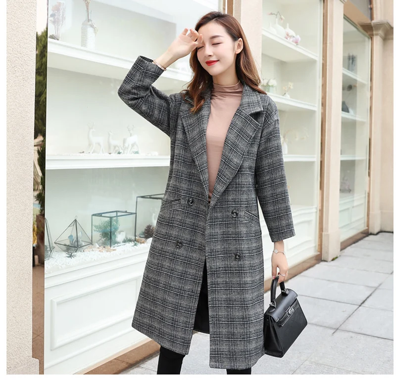 Женское клетчатое пальто Верхняя одежда длинное шерстяное пальто тонкая женская элегантная зимняя одежда весна осень шерстяная куртка пальто 336