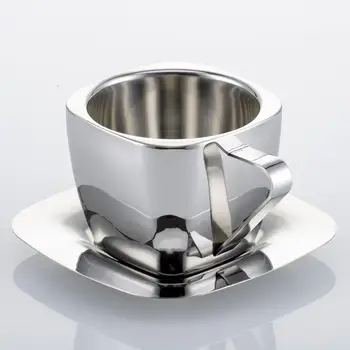 

Stainless steel hanging ear coffee cup with tray double anti-scalding coffee cup square milk tea cup coffee mug set