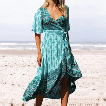 

Vintage Sexy Women Dress 2020 V-neck Slim Short-sleeved Long Dress Women Irregular Bohemian Print Ladies Beach Dresses CDR2073