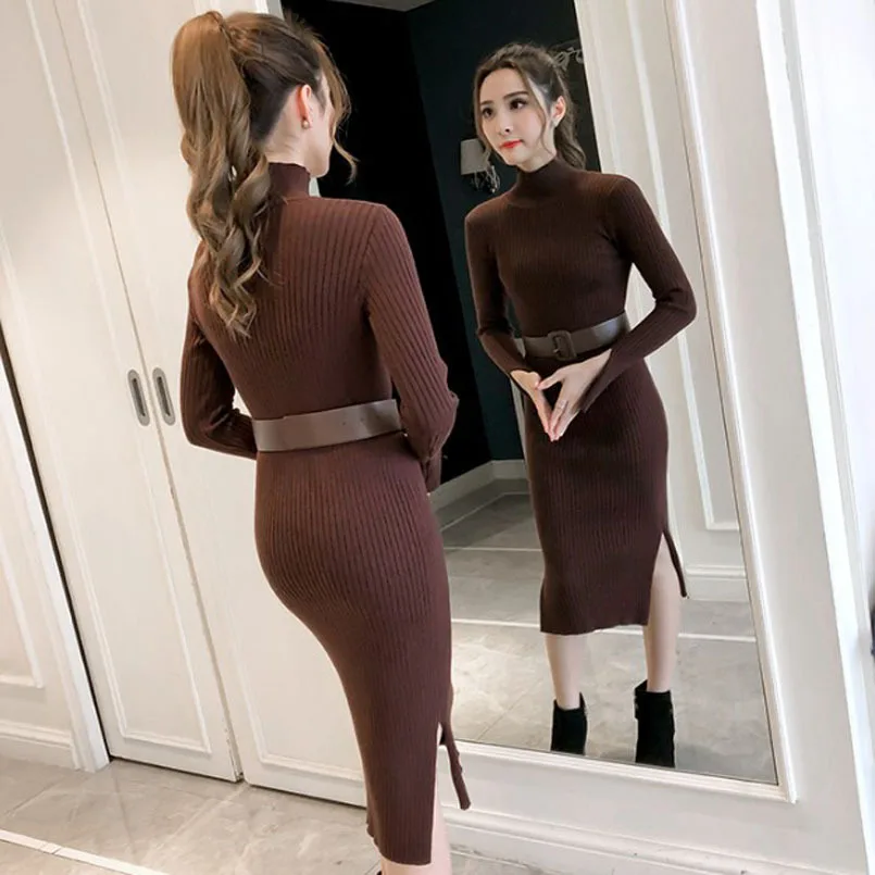 

WOMEN'S Dress 2018 Winter New Products Korean-style Elegant High Collar Elasticity Tight-Fit Knitted Sweater Base Dress