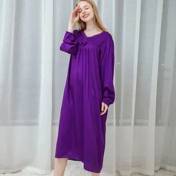 

Spring And Autumn Big Size Women's Long-sleeved V-Neck Long Cotton Satin Luxury Princess Loose Nightdress Home Sleepwear