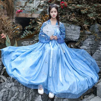 

2020 Women Traditional Dance Costume Blue Hanfu Chinese Folk Festival Outfit Stage Performance Clothes Oriental Fairy Dress