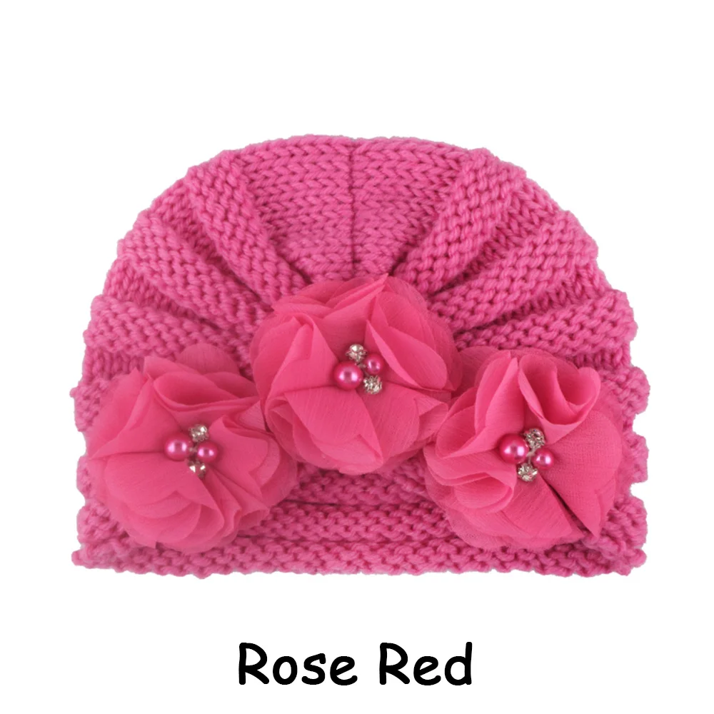 rose red Шапка-тюрбан для новорожденных и детей ясельного возраста, шапочки для маленьких мальчиков, шапочки для девочек, Цветочная повязка с бантом, теплая вязаная шапка на зиму и осень, повязка на голову - Цвет: rose red