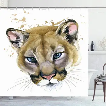 

Shower Curtain Set with Hooks 66x72 Inches Cougar Elegant Watercolor Head Awaresome Face Panther Mountain Trendy Stylish Free