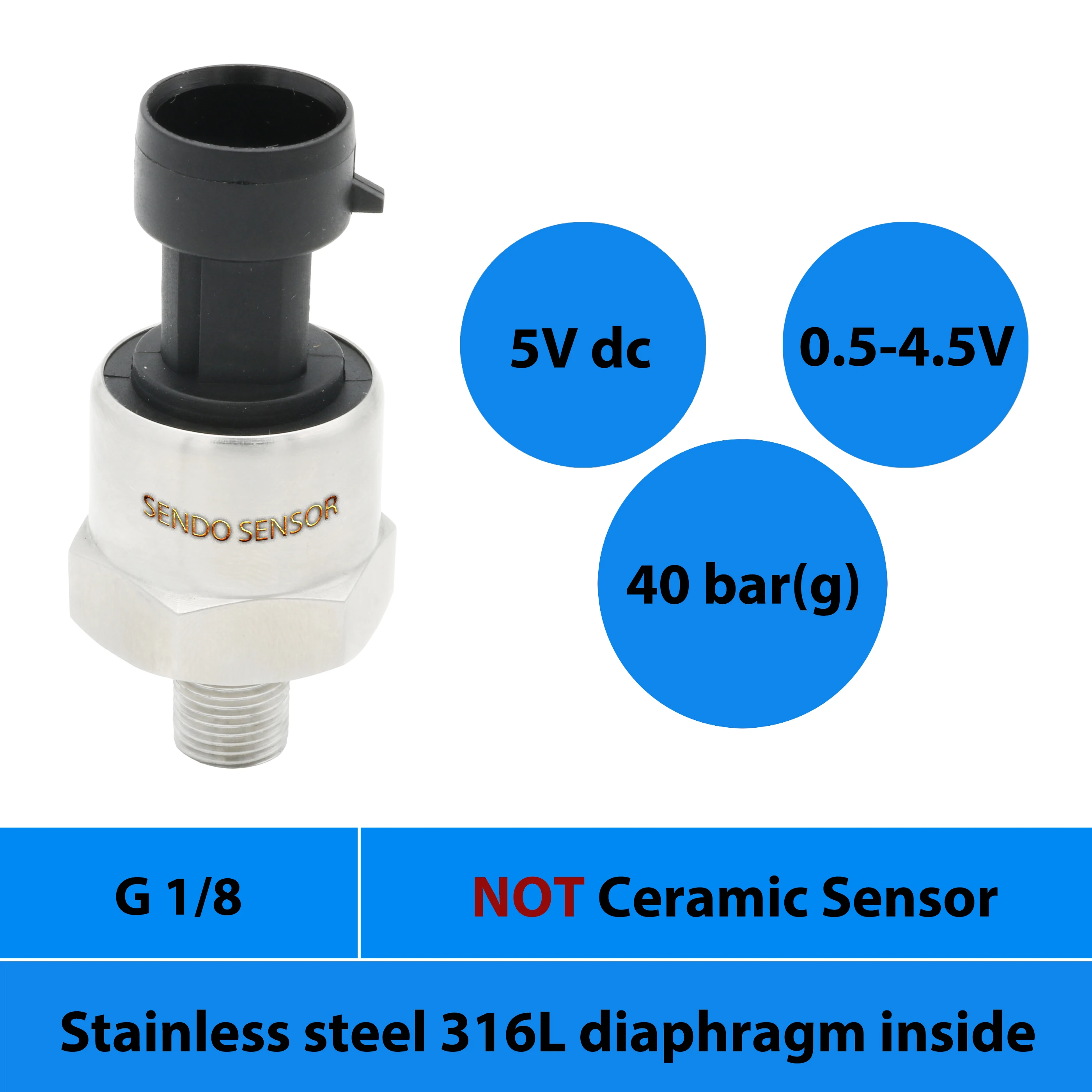 Изолированный датчик давления, 0 4 МПа, 4 бар, диафрагма AISI 316L, 0,5 4,5 V сигнал, 5V dc питание, G1 8 резьба, высокое качество