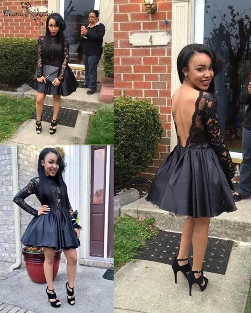 Черный соблазнительное коктейльное платье короткие без спинки с длинным рукавом вечерные платья с кружевами и аппликациями платье мини для выпускного вечерние платья Дешевое платье для вечеринок