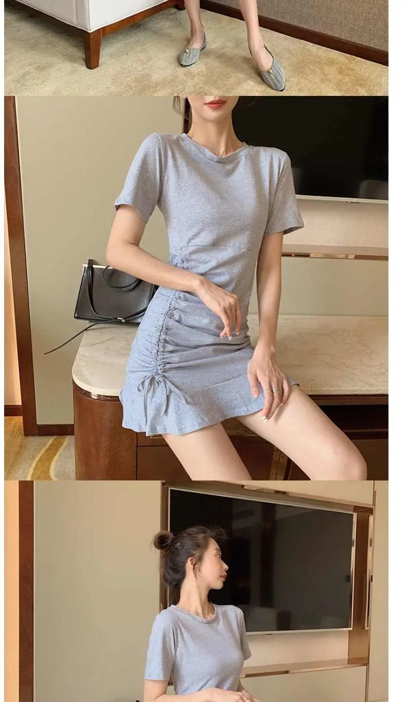 Women Tshirt Dress Short Sleeve Bandage Solid Summer Dress Casual Sexy Slim Boho Beach Ruffle Party Dress Vestidos Black