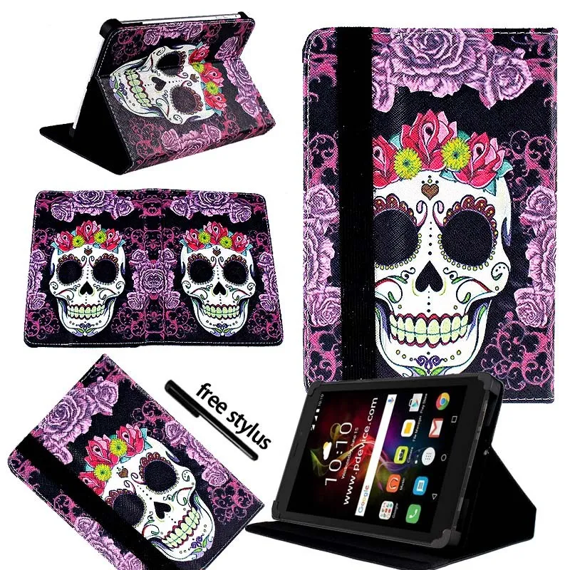 KK&LL для Alcatel Pixi 4 7 дюймов-кожаный чехол-подставка для планшета+ Бесплатный стилус - Цвет: Purple Skull