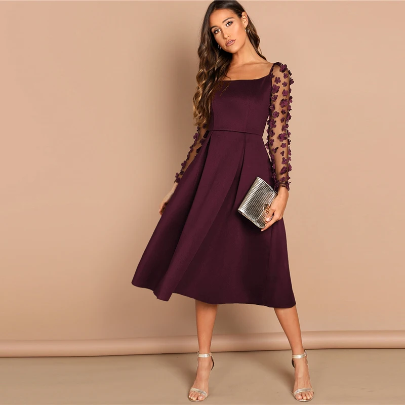 SHEIN Night Out Contrast Mesh Appliques Pleated Square Neck Knee Length Dress Autumn Modern Lady Workwear Women Dresses
