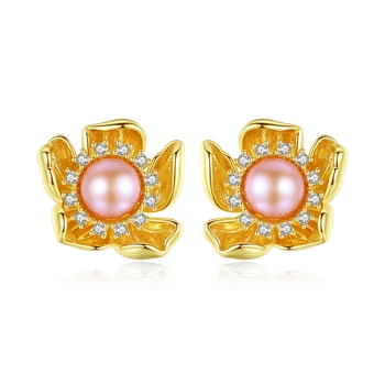 

MetJakt S925 Sterling Silver Vintage Floral-Shaped Freshwater Pearl Temperament All-match Women's Ear Studs