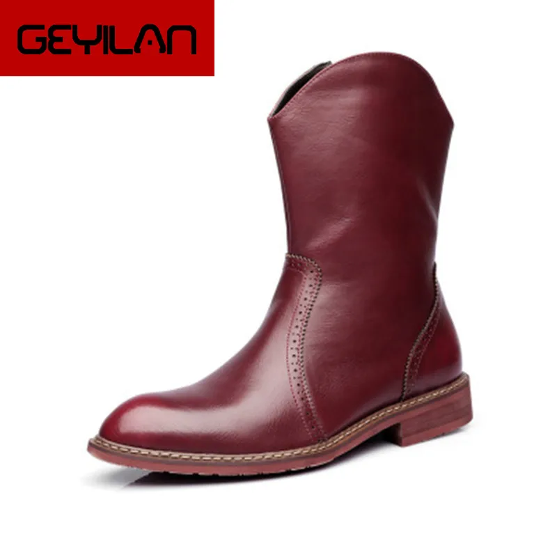

Autumn Winter Genuine Leather Mid-Calf Booties For Men Pointed Toe Plush Warmth Snow Boots Fashion Vintage zipper Riding Boots
