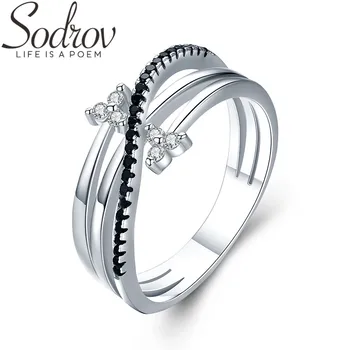 

SODROV Hyperbole 3g 925 Sterling Silver Fine Jewelry Bague Row Black Spinel Leaf Wedding Ring for Women G005