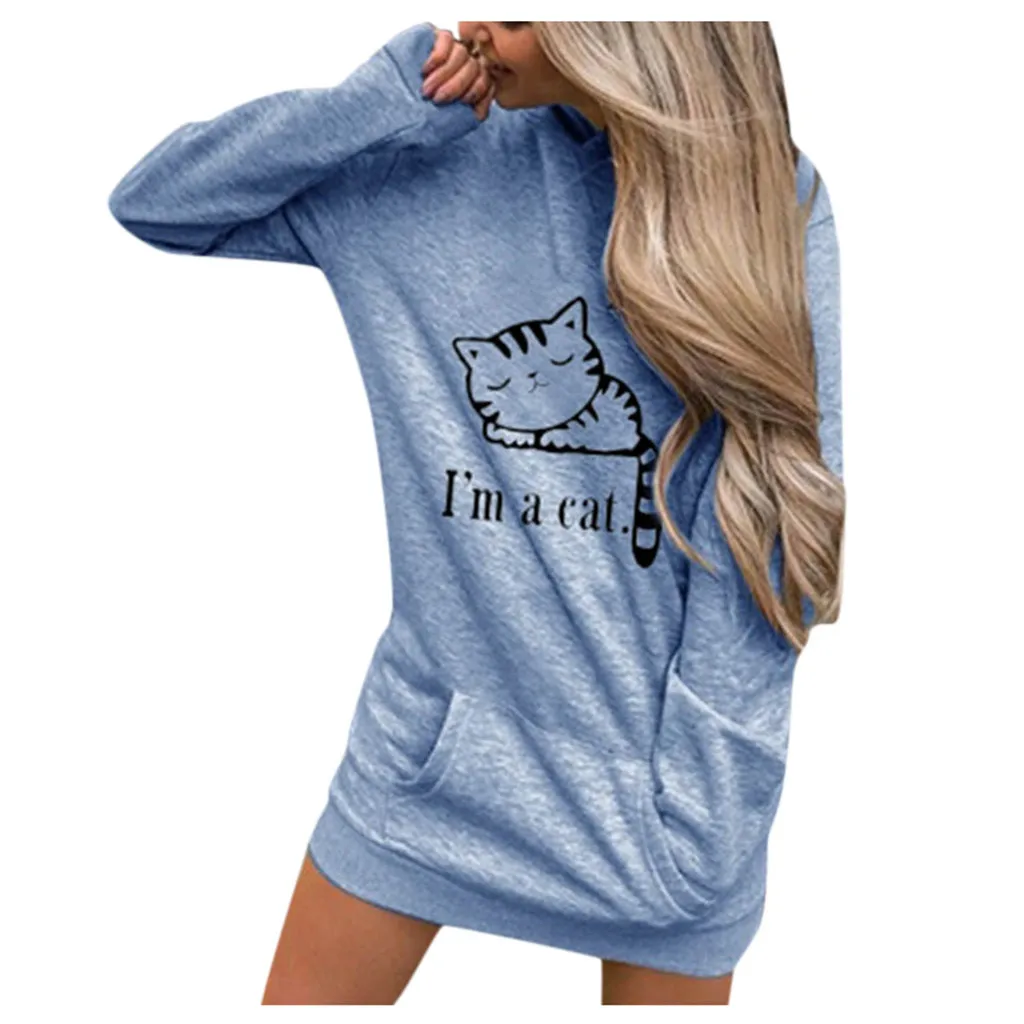 Синий Толстовки женские длинные толстовки kawaii cat напечатанный карман осенняя одежда спортивный костюм с длинными рукавами пуловер с капюшоном Топы размер плюс 5XL - Цвет: Синий