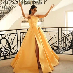 Simple Yellow Satin Floor Length Formal Party Dresses A-line Sleeveless Front Side Pleats Slit Evening Dress Women Long Gowns