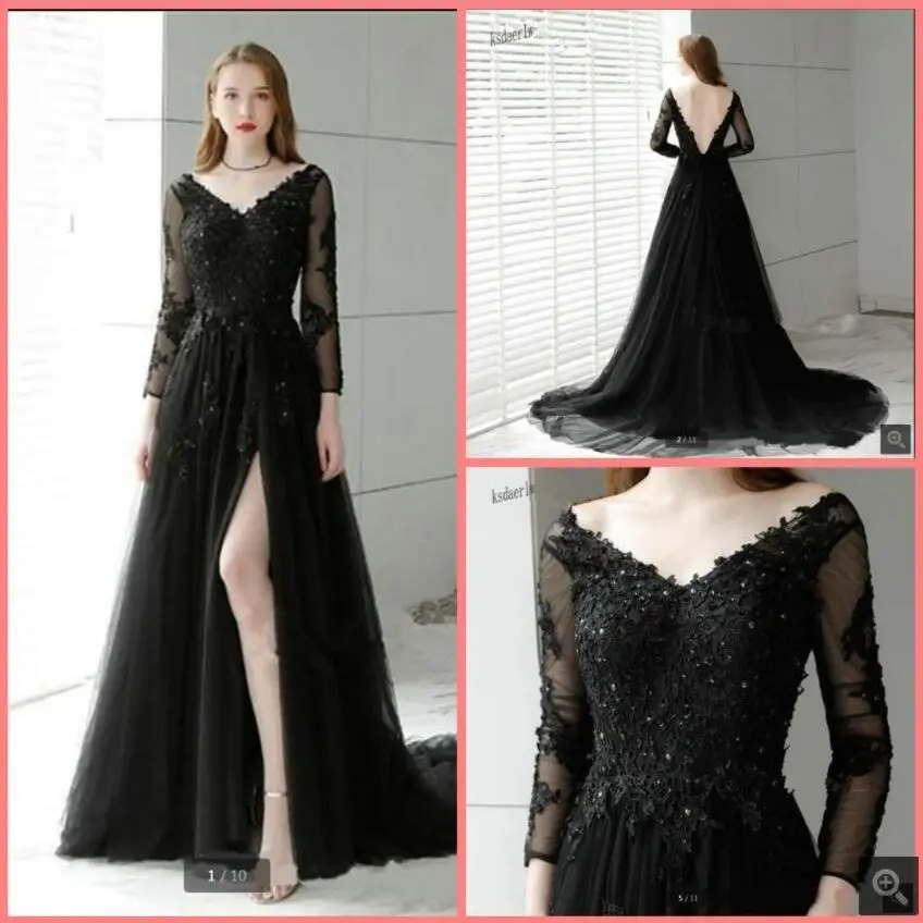 Black Tulle V Neck A Line Prom Dresses Long Sleeve Beaded Lace Appliques Elegant Party Gowns Formal Backless Sexy Red Carpet sage green prom dress Prom Dresses