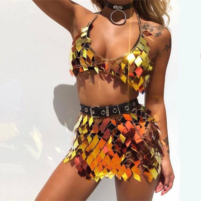 Festival Outfits Glisten Rhombic Sequins Set Metal Chain Crop Tops And Mini Skirt JKP4713