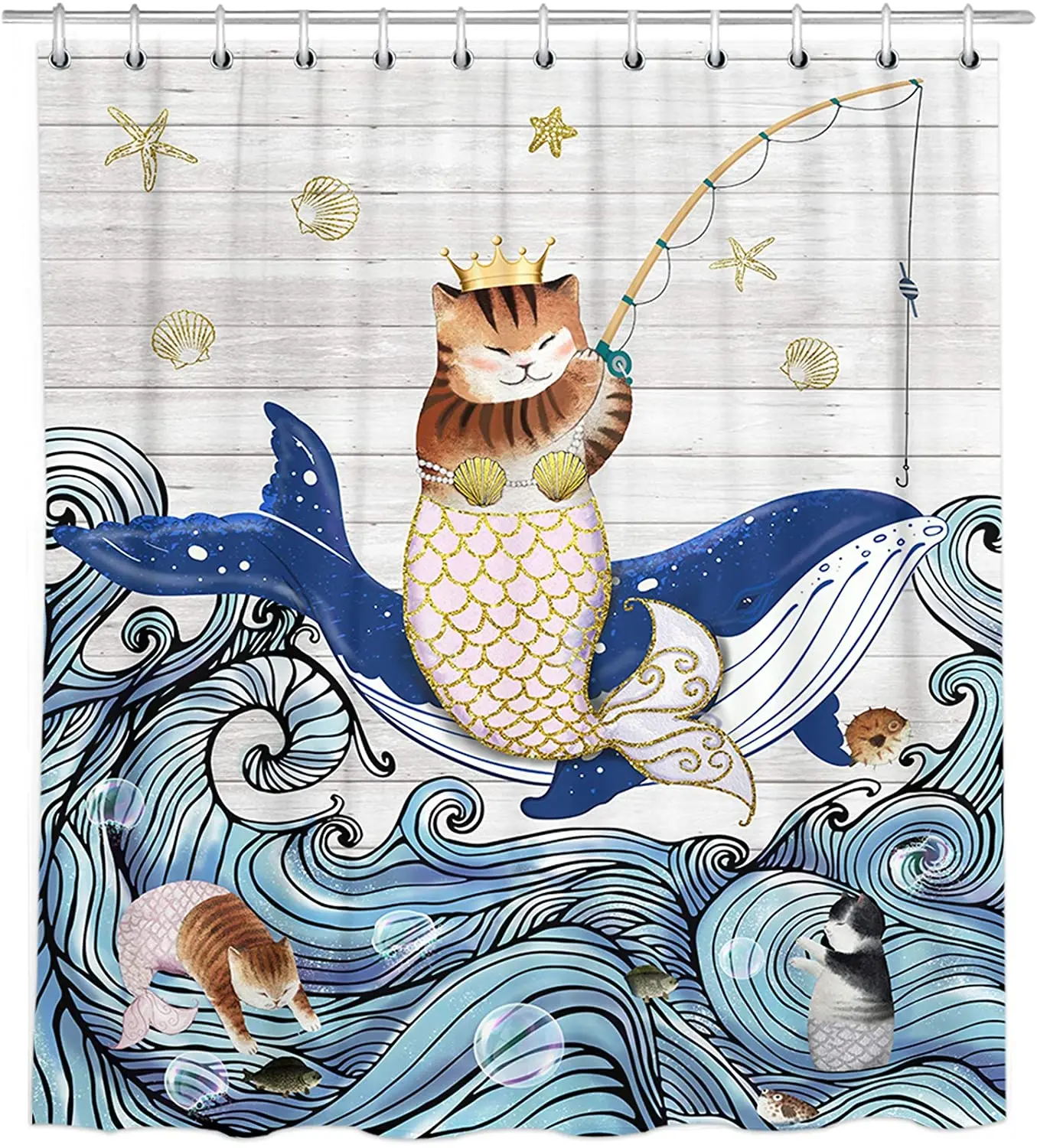 Funny Cat Riding Whale With Mermaid Tail Cloth Shower Curtain Cute Home Décor Shower Curtains