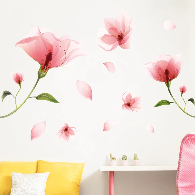 

[shijuekongjian] Pink Color Flowers Wall Stickers DIY Plant Wall Decals for Dormitory Living Room Kids Bedroom Decoration