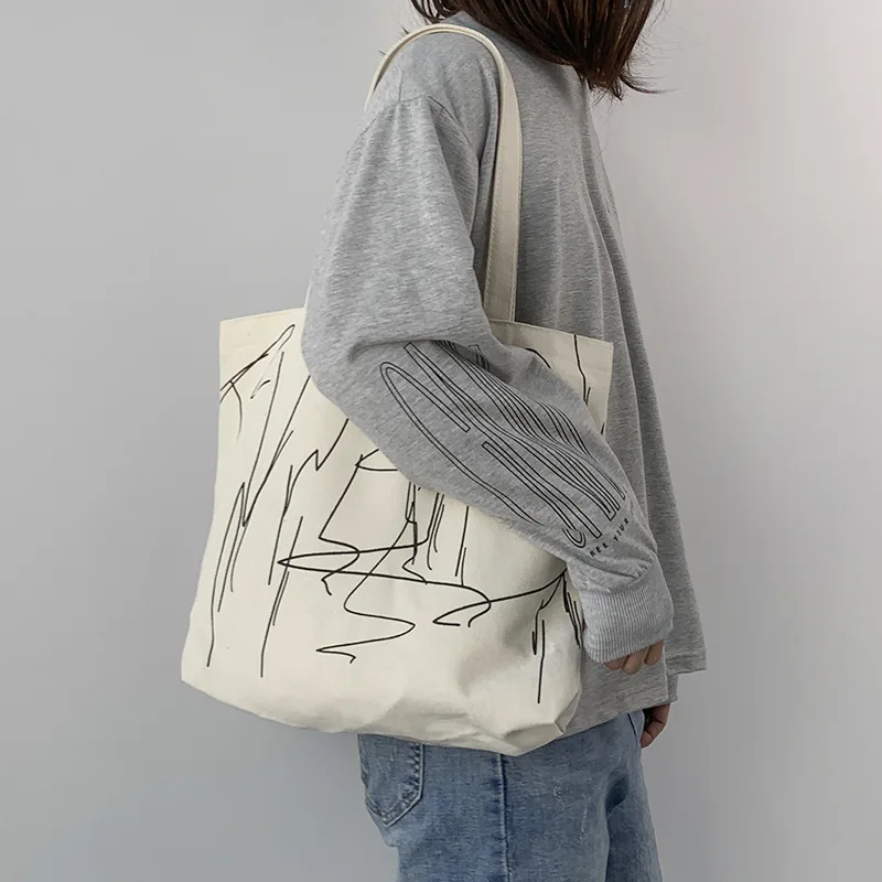 

INS Minimalism Tote Shopping Bag for Lady 2021 Cartoon Canvas Shoulder Bag Women Students Cotton Cloth Eco Shopper Bag