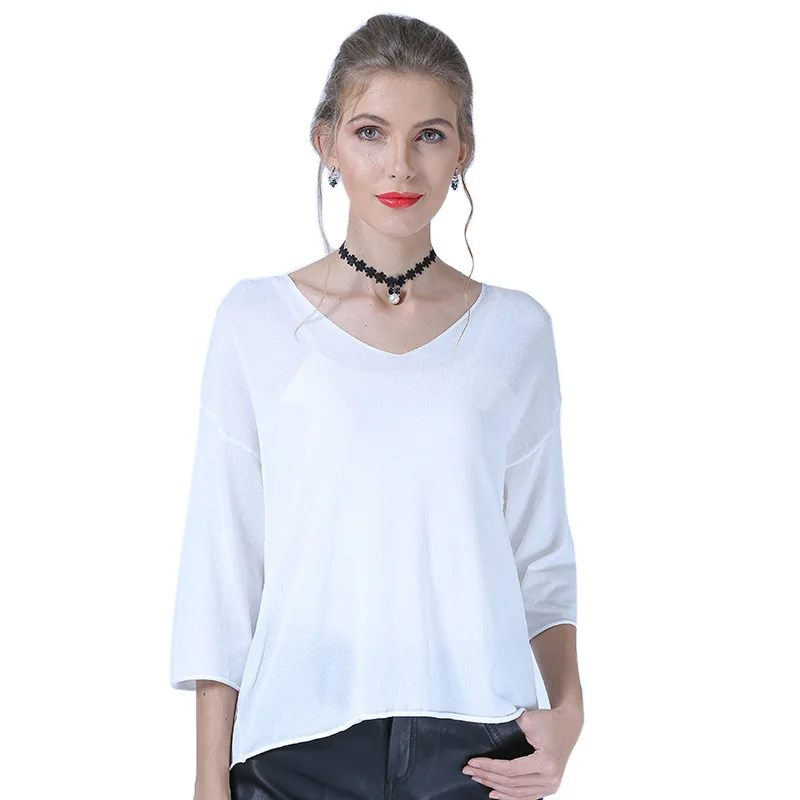 

2020 Top Large Size Summer Women's V-neck Solid Sweater Printed Loose Light Pullover Wool Fabric