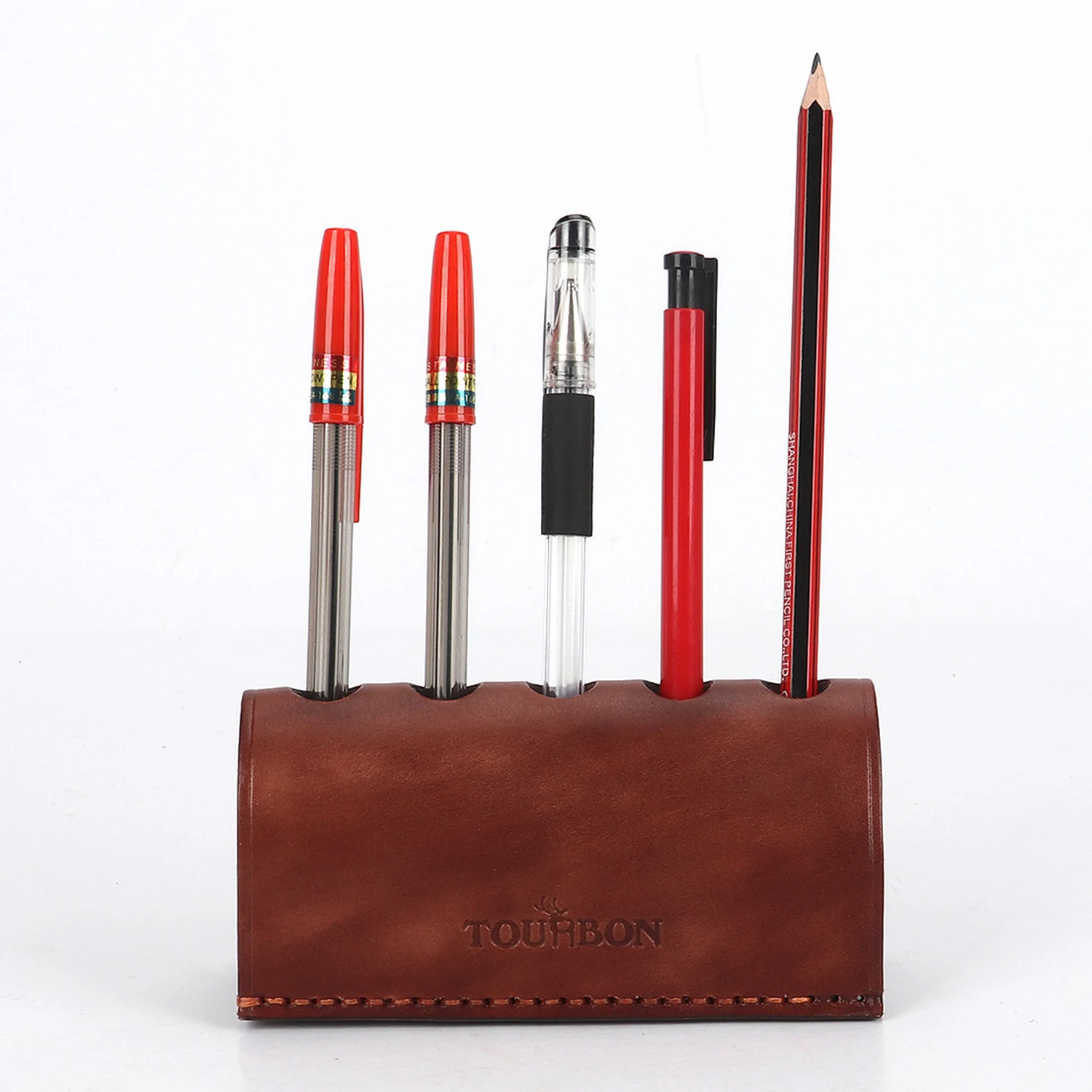 Tourbon Premium Genuine Leather Pen Pencil Holder Organizer 5 Holders Storage for Desktop Stand Office personalized tool bag