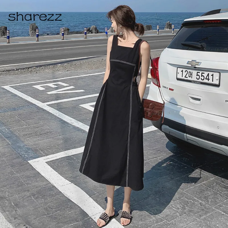 

2019 New-Coming Summer Women Spaghetti Strap Solid Color Chicmi Waist Sleeveless Empire Beach Dresses High Street Style