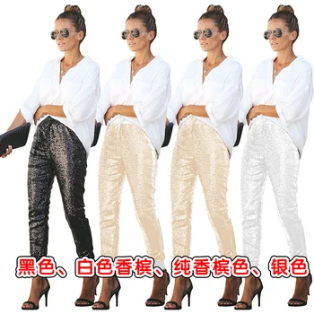 

Autumn Winter Women Pants Elastic PU Leather Sequin Party Long Trousers Plus Size Women Pants