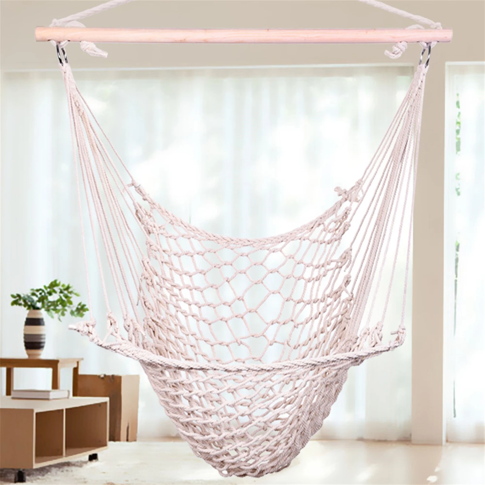 Cotton Rope Net Hammock Chair Set with Wooden Stick Beige Bohemia Style Hanging Hook Safety Bedroom Garden Tree Hanging Seats