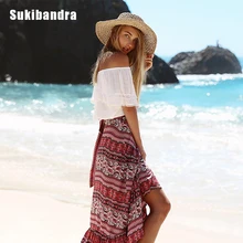 Sukibandra, Цветочная, летняя, бохо, хиппи, длинная, макси, с рюшами, юбка, юбки, женская, винтажная, Пляжная, асимметричная, богемная, с разрезом, Boho