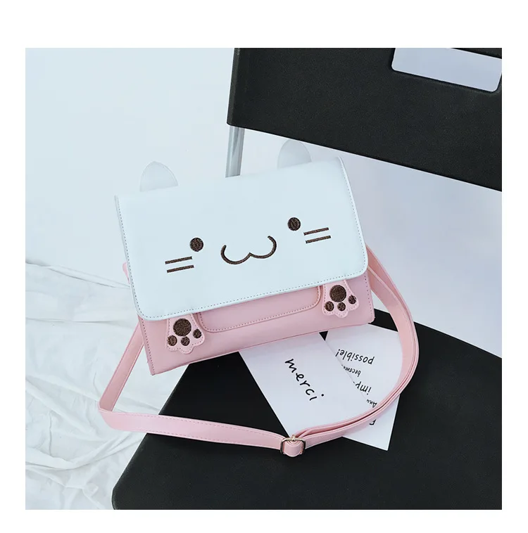Животные печатных мультфильм белый кот лицо розовый стиль PU кожа комиксов аниме женская сумка через плечо модный телефон повседневные сумки на плечо