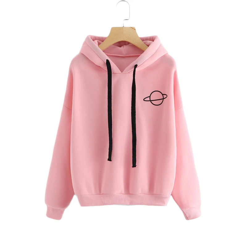 MJARTORIA Women Sweatshirt Hoodies Casual Planet Print Solid Loose Drawstring Sweatshirt Fashion Long Sleeve Hooded Female Tops