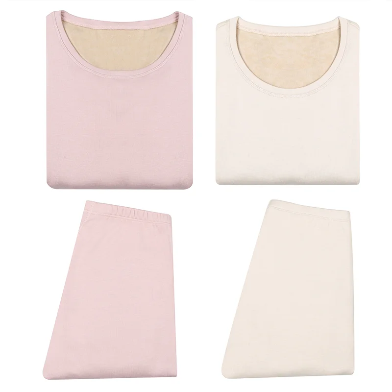 Thermal Underwear Sets Women Fleece Warm Long Johns 100%Natural Silk Brushed Solid Winter Thermal Pink Nude Underwear