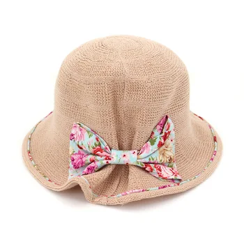 

Womens Summer Country Style Straw Sun Hat Floral Printed Satin Ribbon Bowknot Wide Brim Bucket Cap Jacquard Twill Lace Knitted