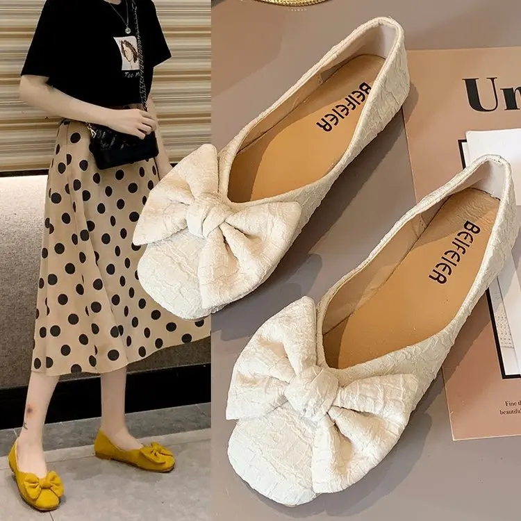 

Square Head Bow Moccosins Women's 2019 Autumn New Style Korean-style Versatile Flat Comfortable Student Network Red Shoes