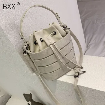 

[BXX] Drawstring PU Leather Bucket Bags For Women 2020 Summer Shoulder Crossbody Bag Female Small Handbags and Purses HM138