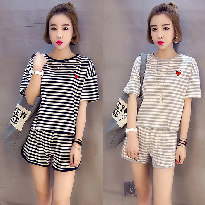 

2020 New Style Summer Stripes Peach Heart WOMEN'S Suit Cartoon Cute Tracksuit-Outer Wear GIRL'S Have Pocket