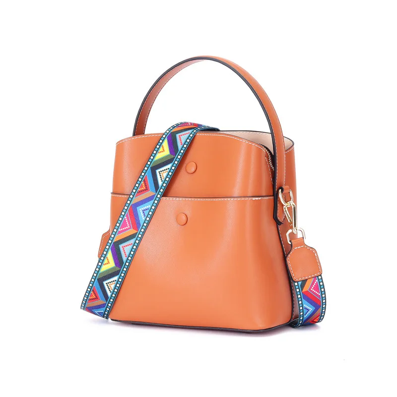 

Non-mainstream Design WOMEN'S Leather Bags Mixed Colors Large-Volume Wide-Strap Hand Cowhide Bucket Bag Shoulder Bag