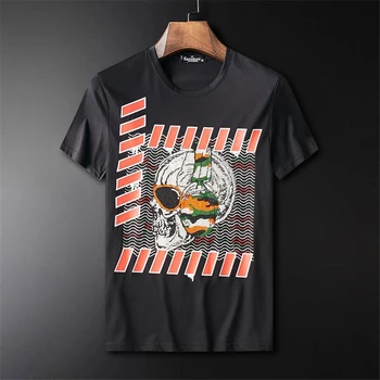 

Summer hot men's skull print rhinestone T-shirt modal cotton O collar short sleeve slim fit