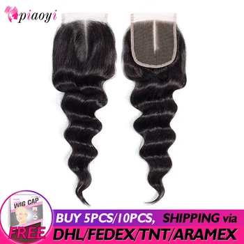 

Piaoyi Brazilian Loose Wave Closure 4*4 Swiss Lace Free Middle Part Remy Human Hair Lace Closure Pre Plucked Natural Color