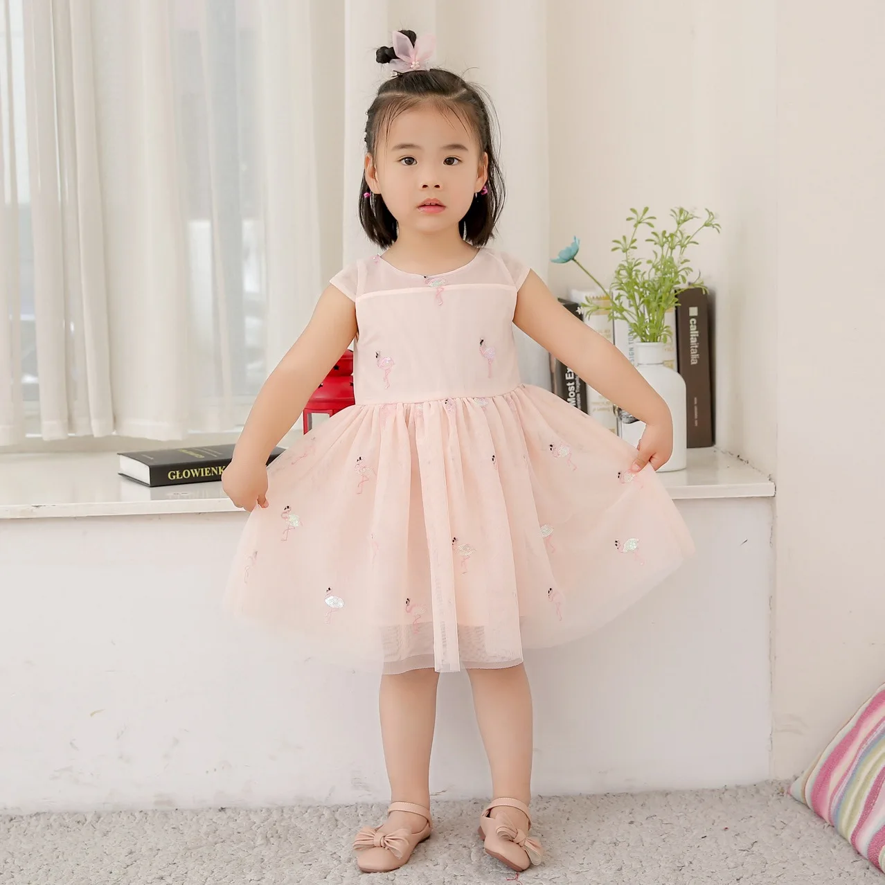 Новое летнее платье принцессы Детские платья с вышитым Фламинго