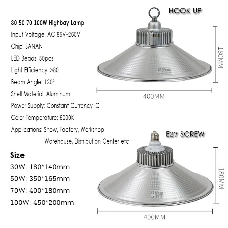 30W 50W 70W 100W E27 Head High Bright LED High Bay Light Industry Lighting Lamp Aluminum Shell Universal 110V 220V (10)