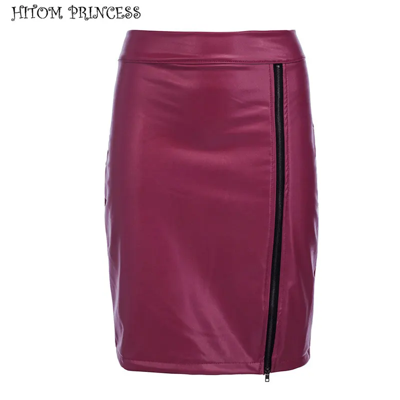 HITOM PRINCESS Women PU Leather Pencil Skirts Zipper Sexy High Waist Skirt Female Split Bodycon Short Mini Skirts Saias - Цвет: Красный