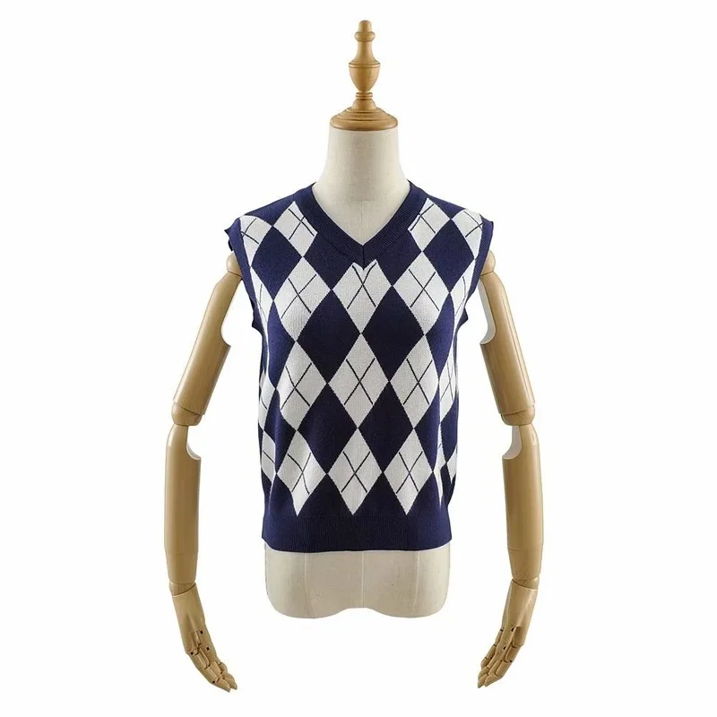 

Argyle Sweater Vest Blue Cropped V Neck Plaid Waistcoat Knitted Women Pullover Vintage Preppy Style Short Sleeveless Tops 2020