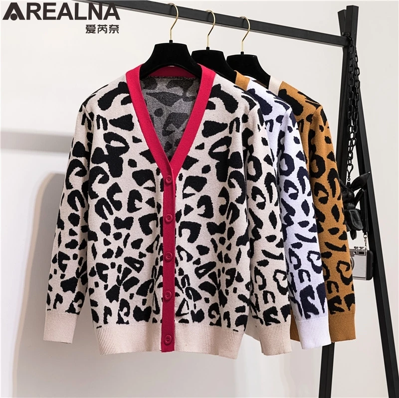 Женский осенне-зимний леопардовый кардиган, свитер, пальто для женщин, женские свитера с длинным рукавом размера плюс, трикотажная верхняя одежда из Джерси