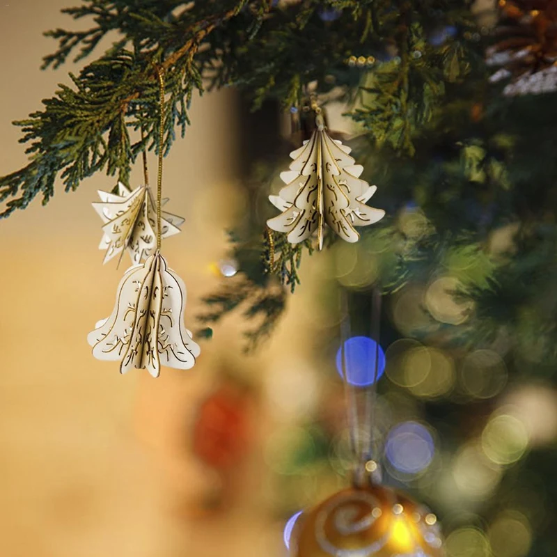 16Pcs Wood Slices Splicing DIY 3D Christmas Pendants Ornaments with Hang String Xmas Tree Hollow Pendants Home Party Decorations