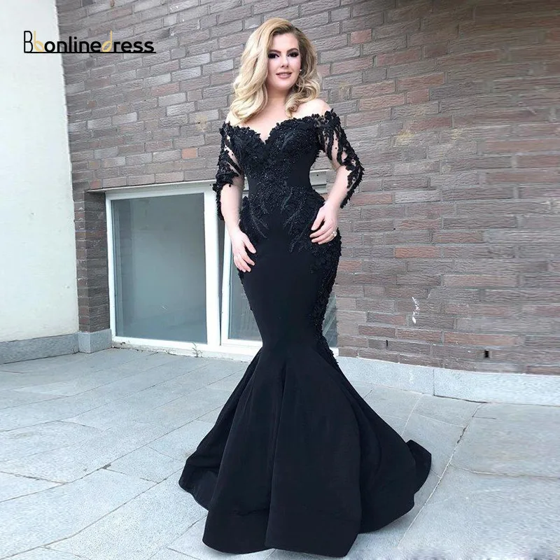 Black-Mermaid-Long-Sleeve-Mermaid-Evening-Dresses-Beaded-Saudi-Arabic-Sheer-Neck-Satin-Evening-Gown-Sweep (1)