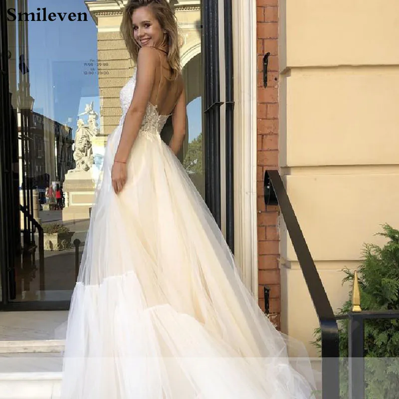 Smileven/Свадебные платья принцессы; коллекция года; кружевное платье невесты на тонких бретельках с аппликацией цвета шампанского; богемные свадебные платья; Vestido De Noiva
